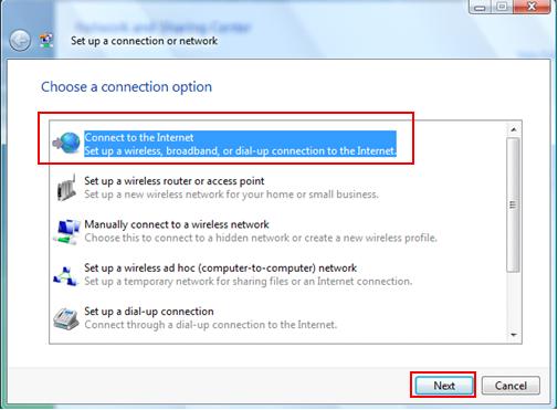 connect to the Internet in Windows Vista